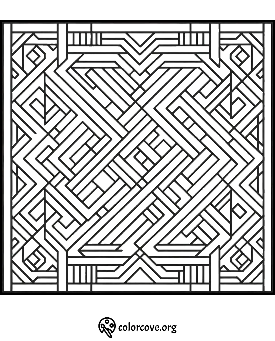 Intricate geometric pattern coloring page with abstract shapes for stress relief and relaxation. Available at colorcove.org.