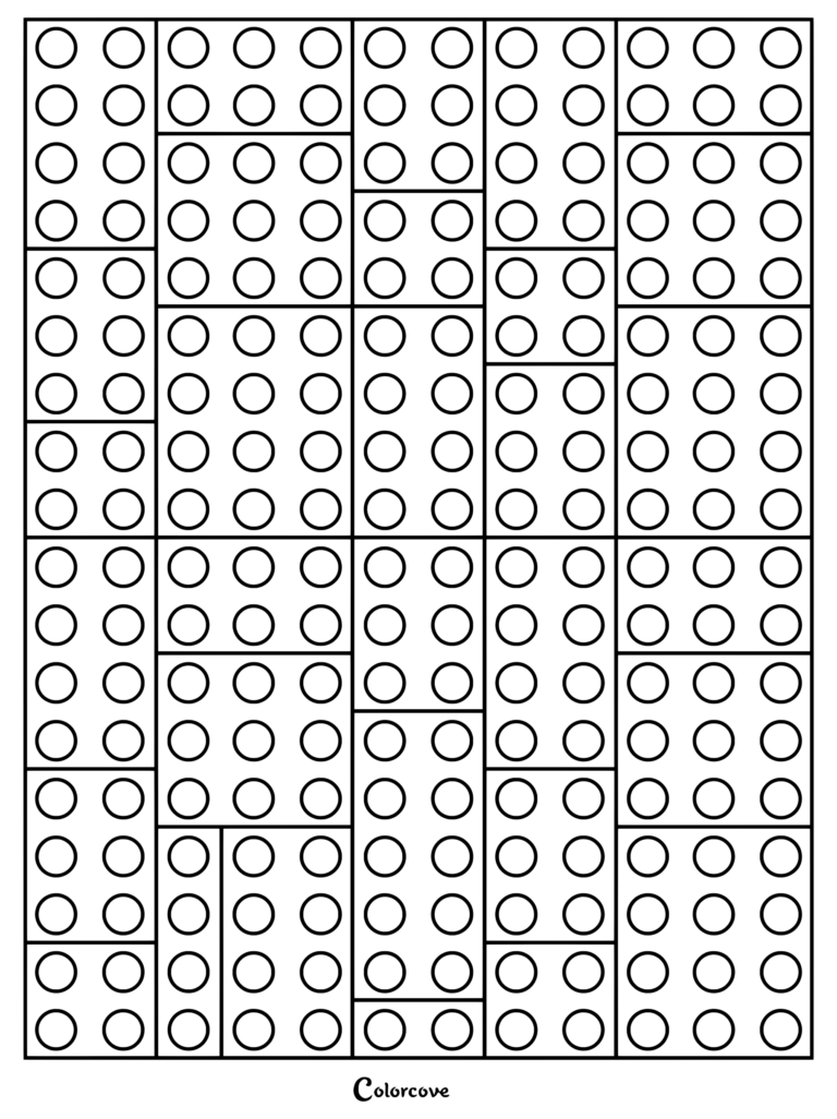 A detailed geometric coloring page featuring an abstract arrangement of interlocking lego brick patterns with circular studs.