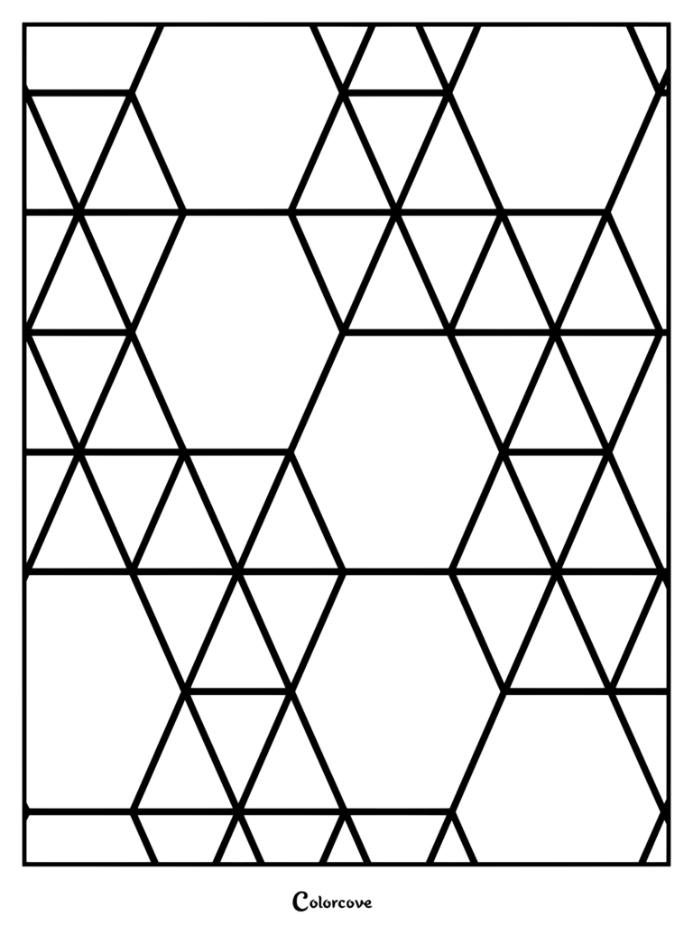 A printable geometric triangle tessellation coloring page featuring repeating interlocking triangles and polygons.