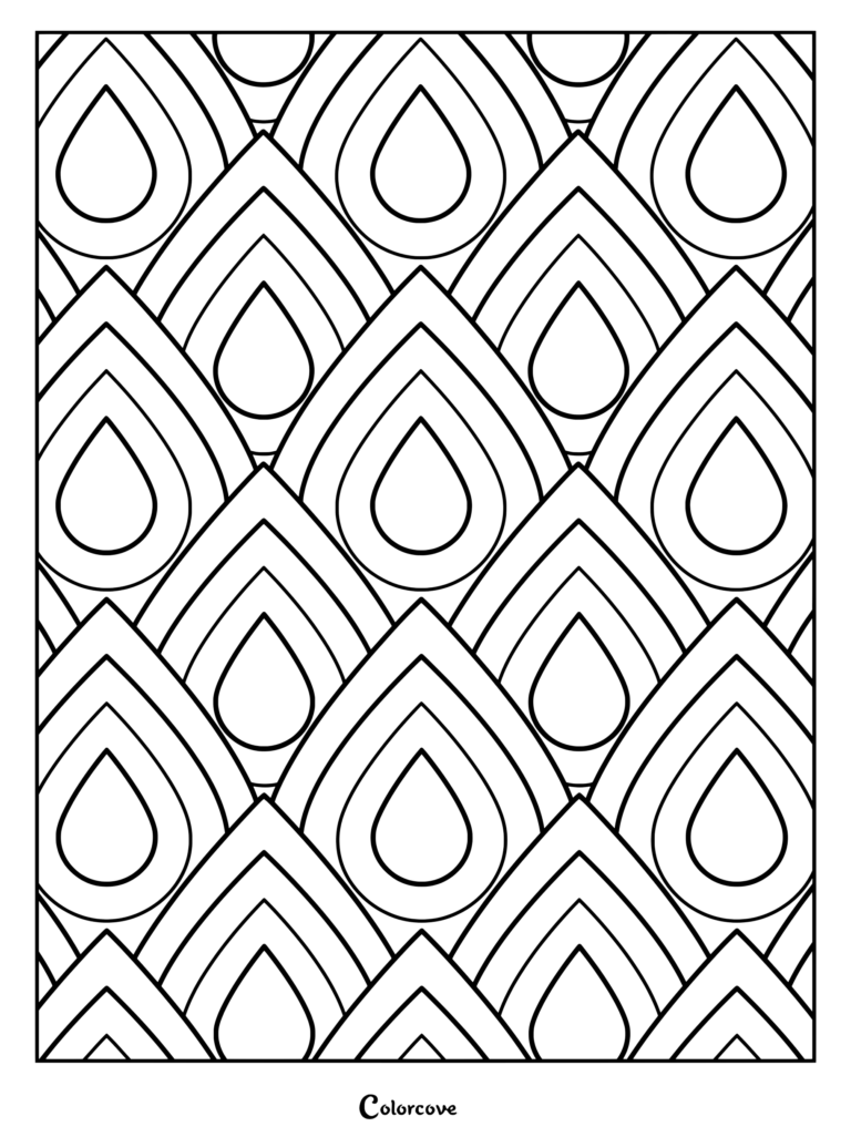 Geometric teardrop pattern coloring page featuring repeating curved shapes and nested lines.