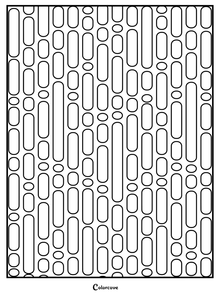A printable geometric coloring page featuring an intricate pattern of vertical pills and rounded capsules