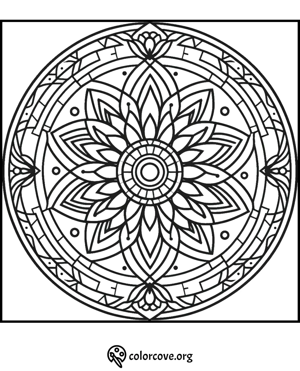 Intricate Mandala Coloring Page with Floral Patterns and Geometric Shapes from ColorCove.org. Ideal for Art and Meditation.