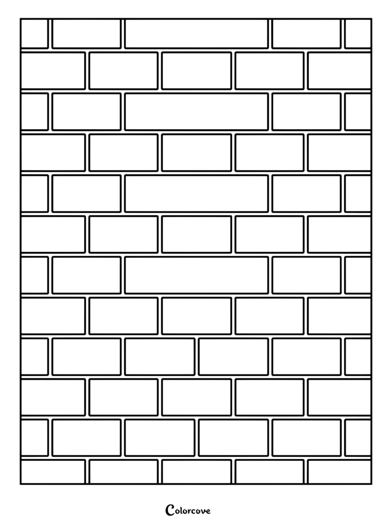 A detailed geometric coloring page featuring an interlocking brick wall pattern with bold black outlines.