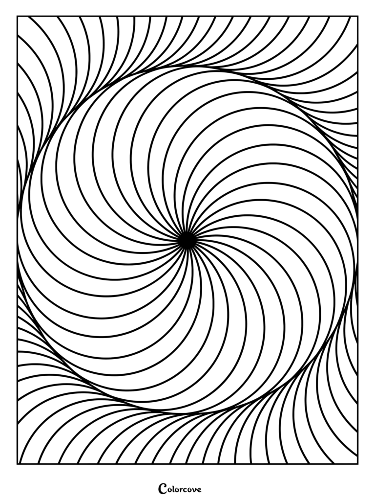 Geometric coloring page featuring a mesmerizing circular swirl pattern with curved black lines radiating outward