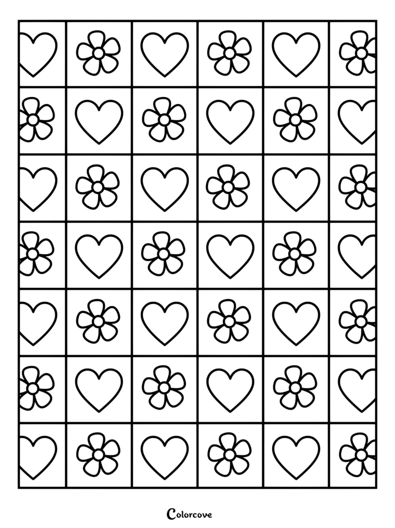 A printable geometric coloring page featuring alternating grids of hearts and flowers.