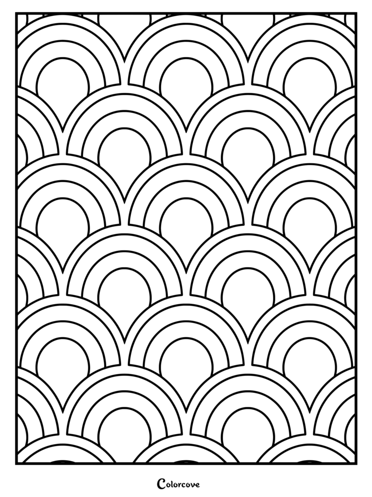 Detailed geometric arch pattern coloring page featuring interlocking concentric semicircles in a repeating scallop design