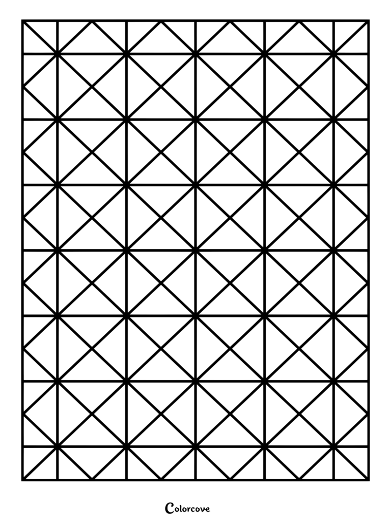 A complex geometric coloring page featuring a repeating grid of interlocking squares and diagonal lines forming triangles.