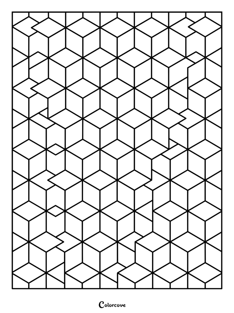Geometric 3D cube pattern coloring page featuring interlocking isometric shapes