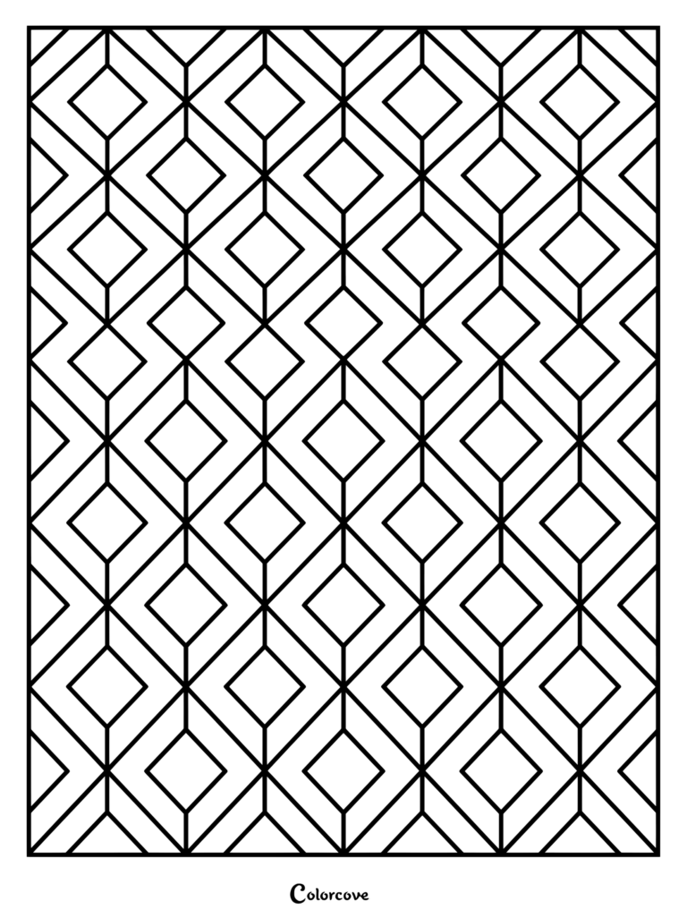 Geometric diamond pattern coloring page featuring interlocking squares and diagonal lines