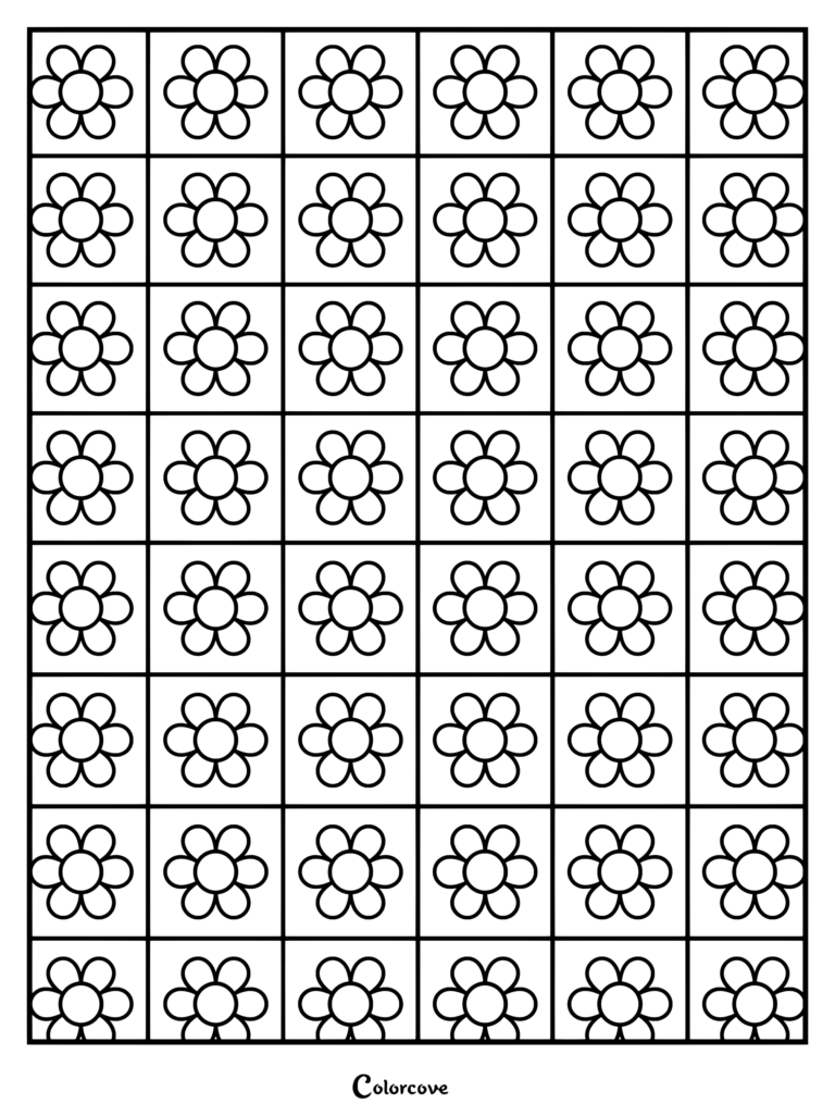 A repeating grid pattern coloring page featuring simple daisy flowers inside square tiles.