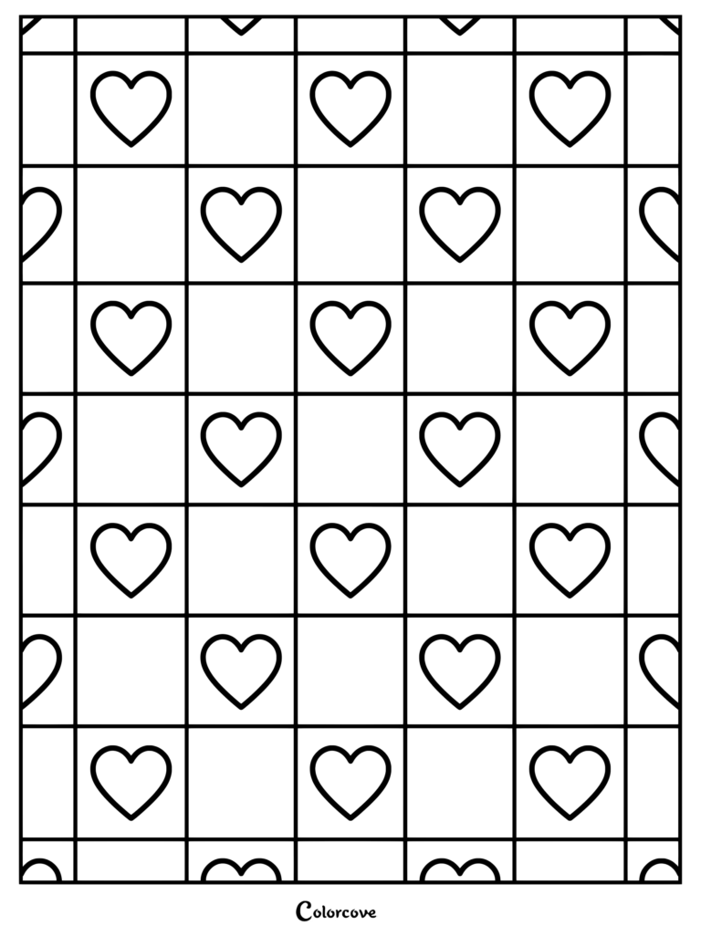 A repeating geometric grid pattern coloring page featuring outlined hearts inside alternating squares