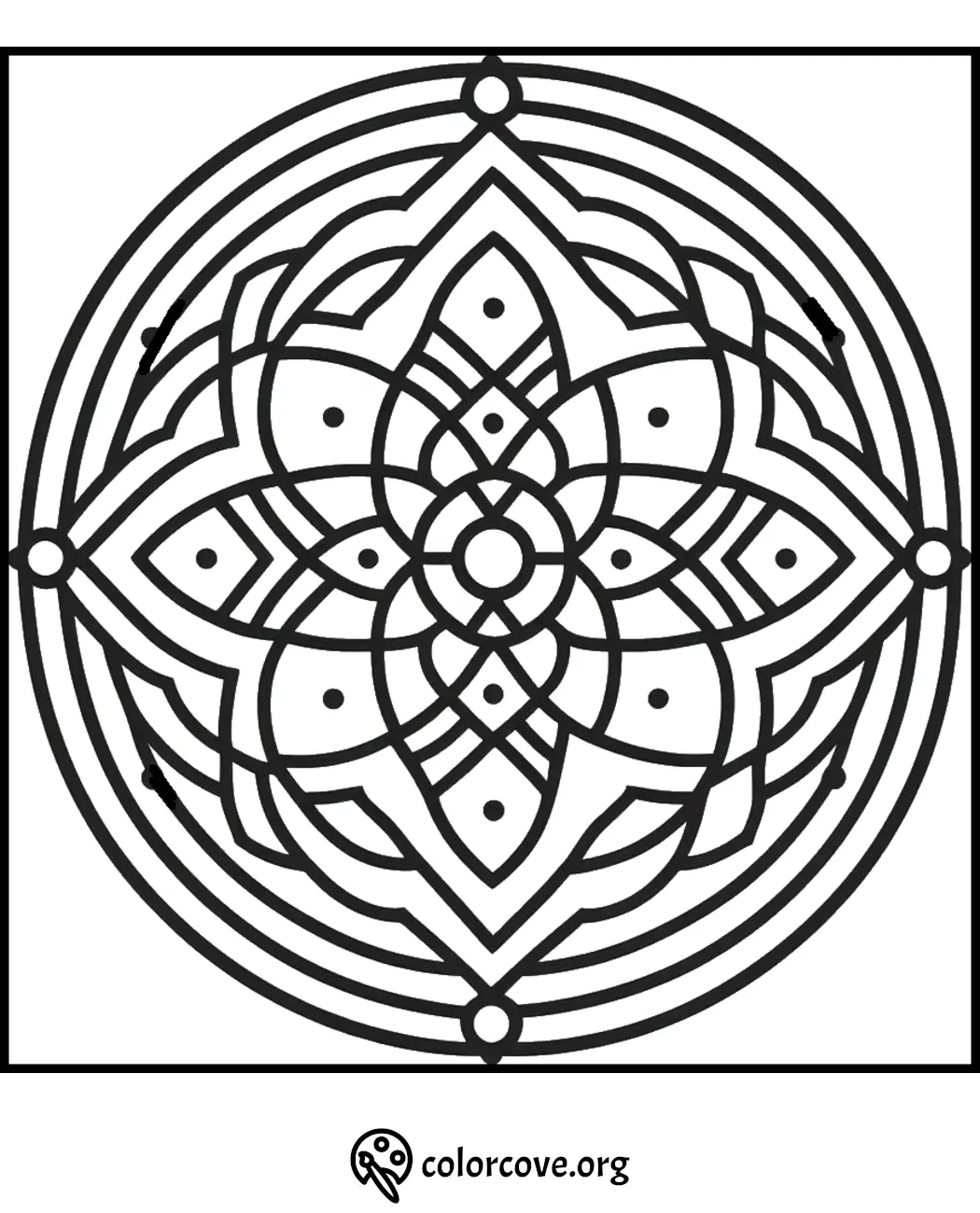 Intricate mandala coloring page featuring detailed geometric patterns and symmetrical designs for relaxation and creativity.