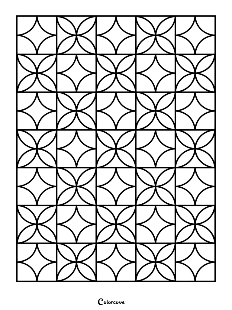 An intricate geometric coloring page featuring repeating squares filled with curved intersecting lines and star shapes