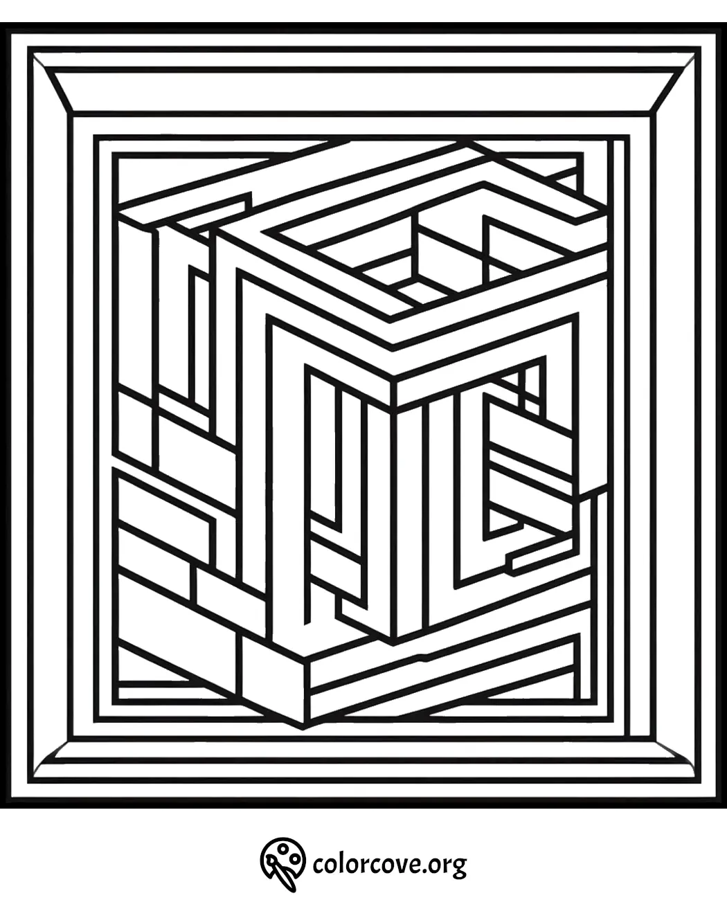 Complex geometric illusion coloring page with intricate patterns and outlines for stress relief and creative expression.