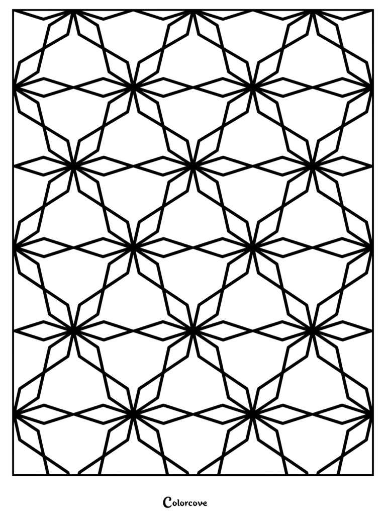 Intricate geometric pattern coloring page featuring repeating star and diamond shapes