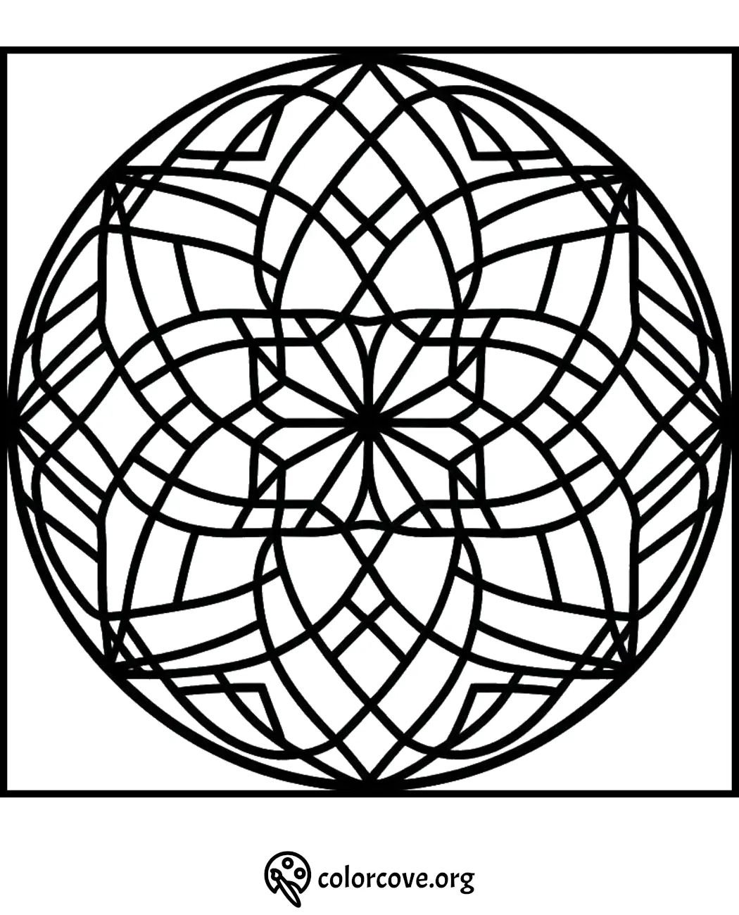 Intricate geometric mandala coloring page with symmetrical shapes and patterns, ready to be colored.