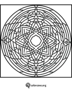 Intricate mandala coloring page with geometric patterns and symmetrical designs for stress relief and relaxation.