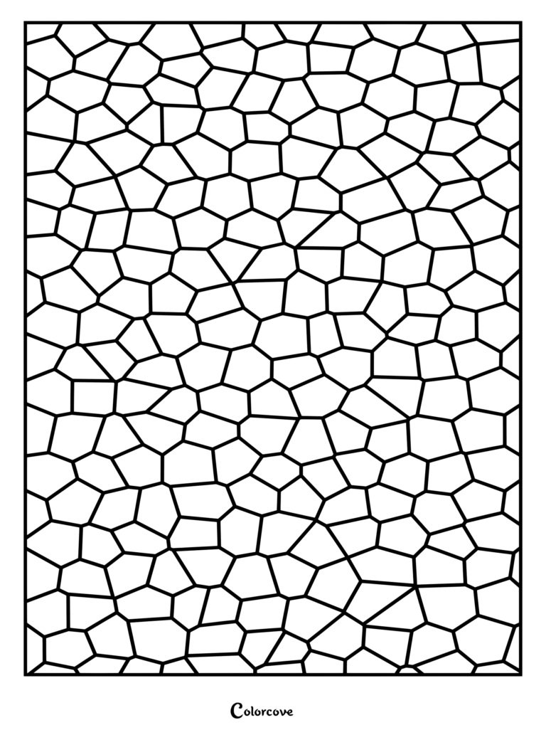 A detailed geometric coloring page featuring an intricate mosaic tile pattern filled with organic polygons