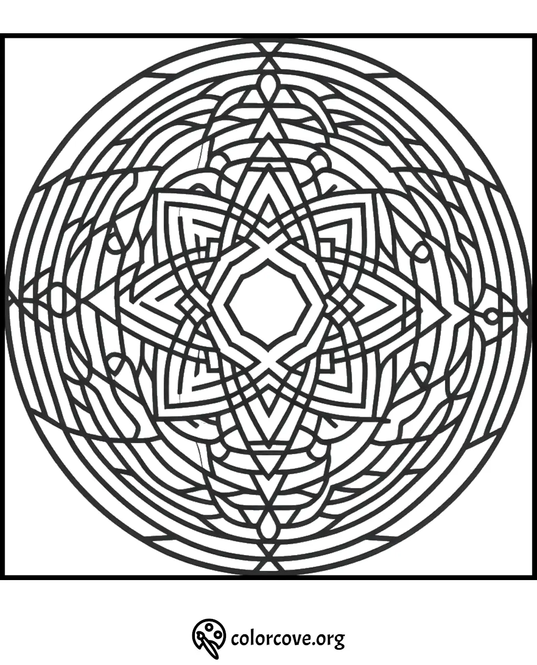 Intricate mandala coloring page with geometric patterns and symmetrical designs for stress relief and relaxation.