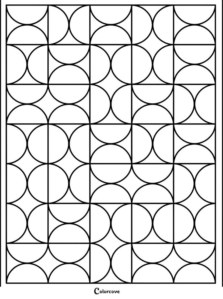 A printable geometric coloring page featuring an intricate pattern of intersecting circles and semicircles