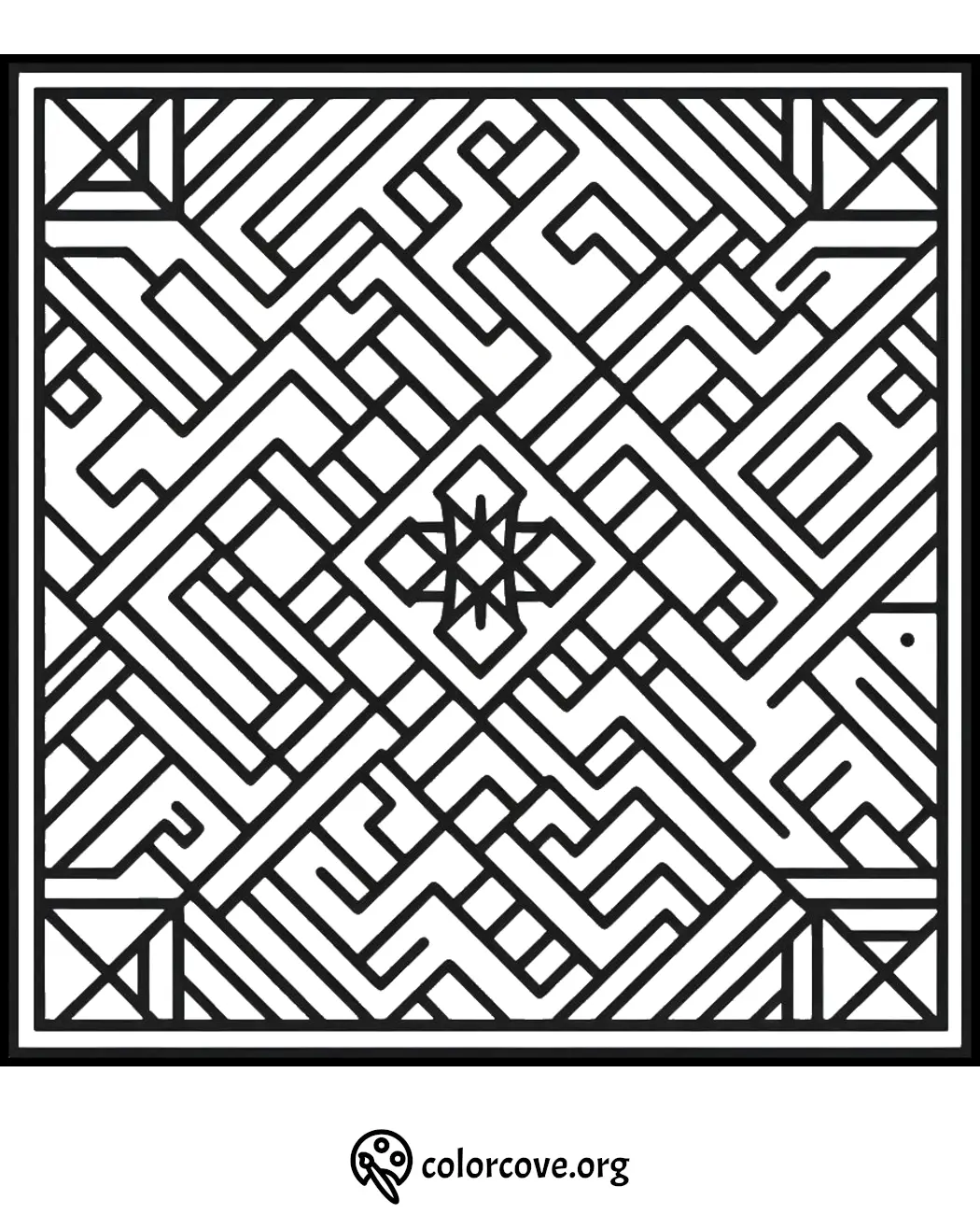 Intricate geometric maze coloring page with a central star design. Perfect for relaxation and creative expression.