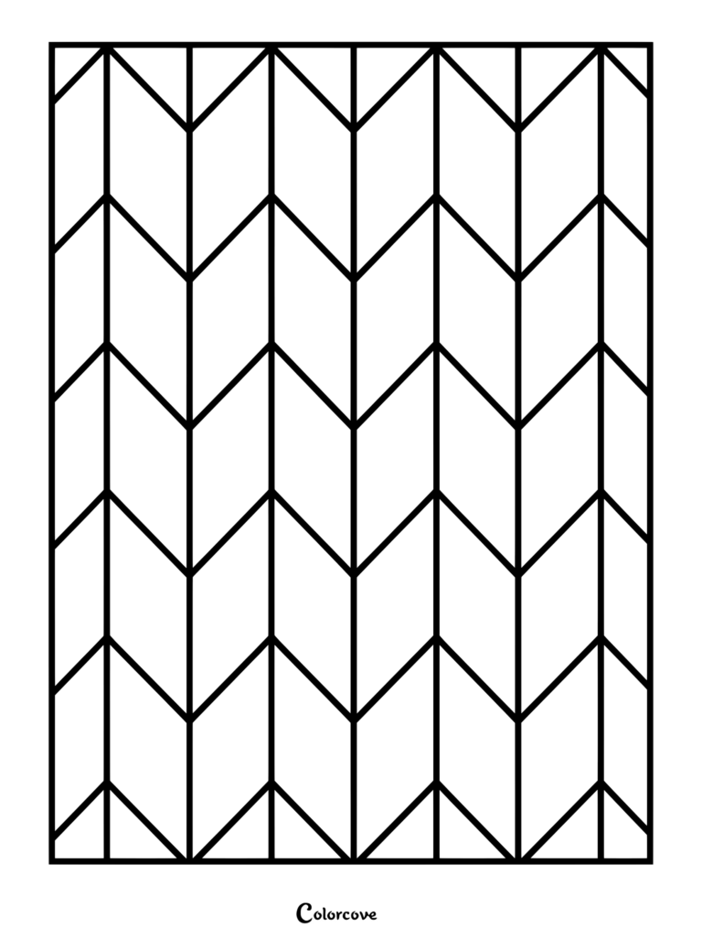 A detailed geometric herringbone pattern coloring page featuring repeating chevron shapes and vertical lines