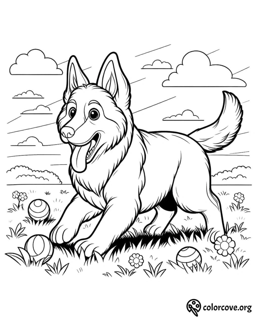 a cartoon dog with balls in grass