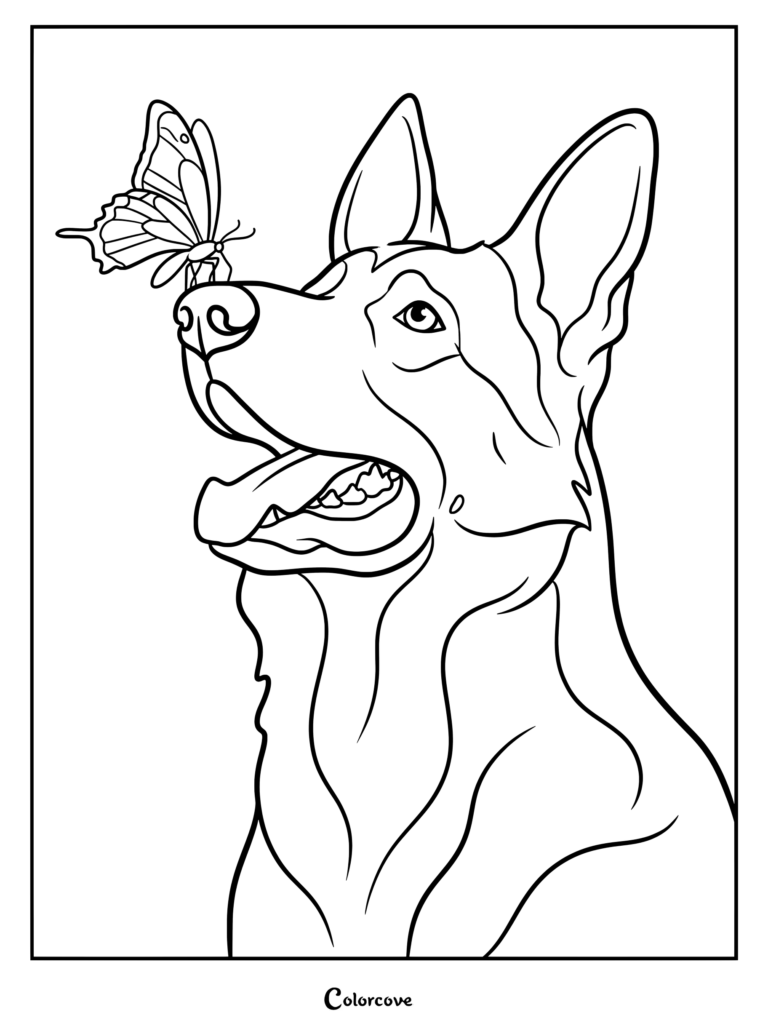 Un dibujo para colorear de Pastor Alemán que presenta un retrato detallado del perro con una mariposa descansando sobre su nariz.