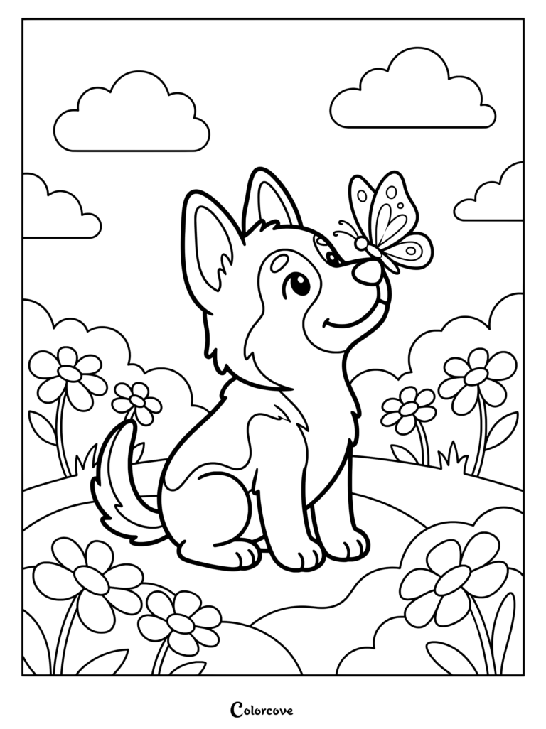 Un lindo cachorro de Pastor Alemán sentado en un jardín de flores con una mariposa en la nariz en este dibujo para colorear imprimible.