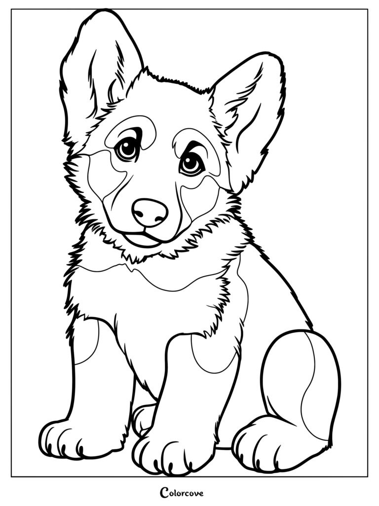 Un dibujo para colorear de arte lineal que presenta a un cachorro de Pastor Alemán sentado con orejas grandes y ojos expresivos.