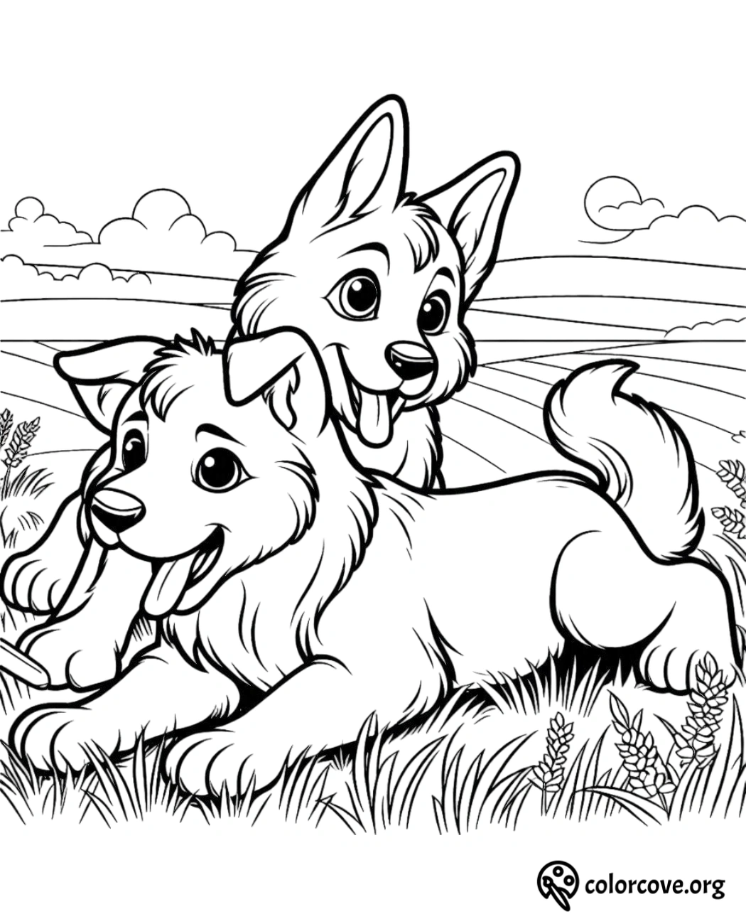 a black and white drawing of two dogs