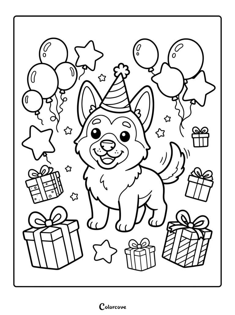 Un lindo cachorro de Pastor Alemán que lleva un sombrero de fiesta rodeado de globos, estrellas y cajas de regalo envueltas en este dibujo para colorear imprimible.
