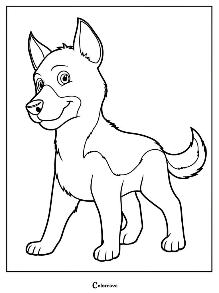 Un tierno cachorro de Pastor Alemán de dibujos animados de pie y sonriendo, presentado en un dibujo para colorear de arte lineal limpio.