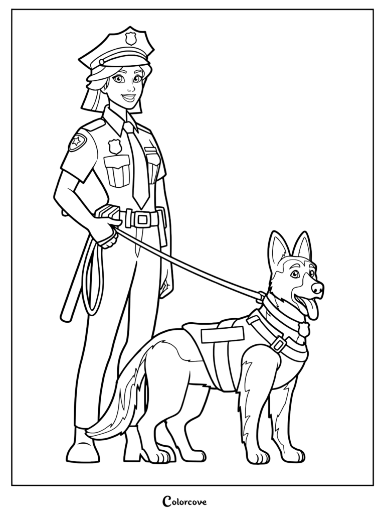 Una mujer oficial de policía en uniforme sosteniendo una correa unida a un Pastor Alemán en este dibujo para colorear imprimible.