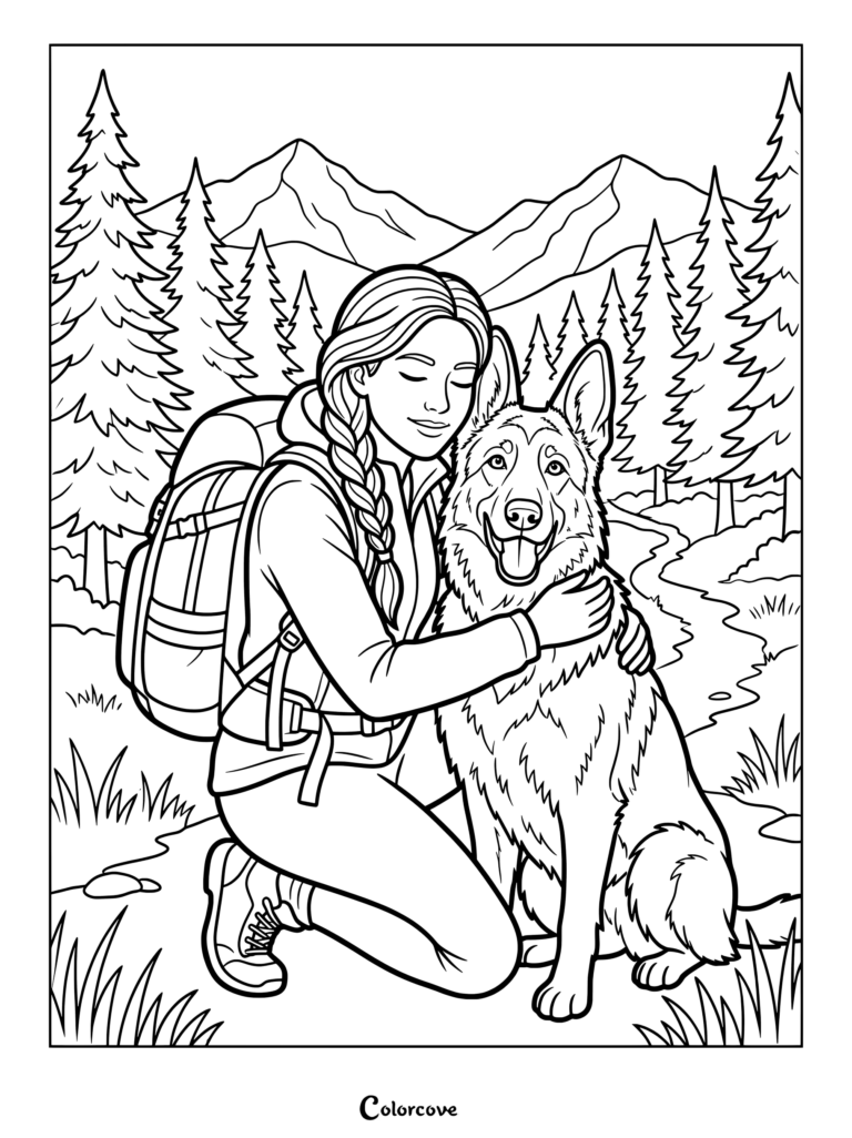 Una niña con peinado trenzado y mochila arrodillada para abrazar a su feliz Pastor Alemán en un dibujo para colorear de sendero de montaña.