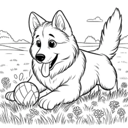 a black and white drawing of a dog playing with a ball