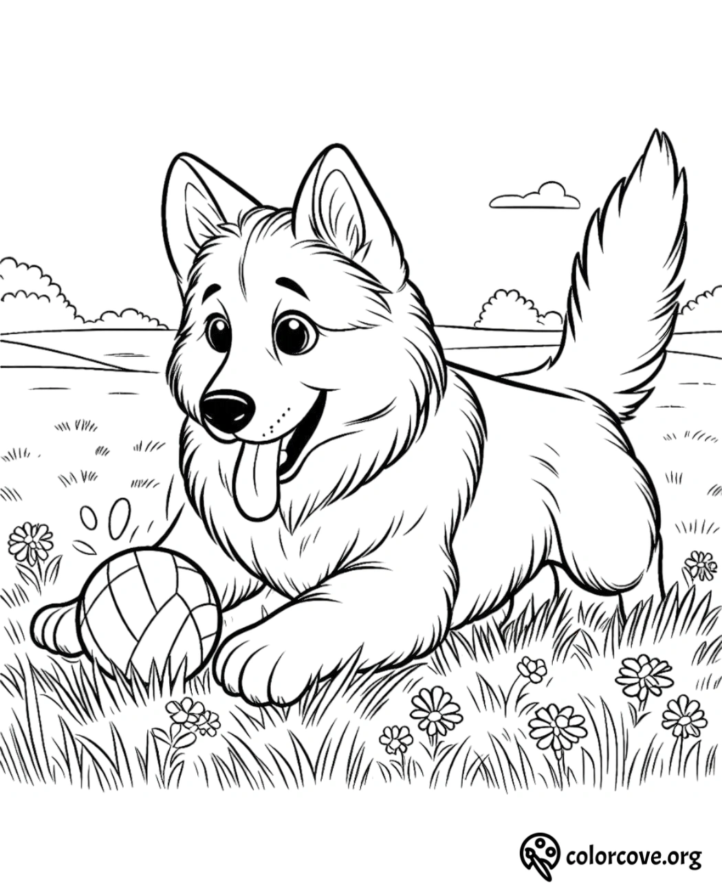 a black and white drawing of a dog playing with a ball