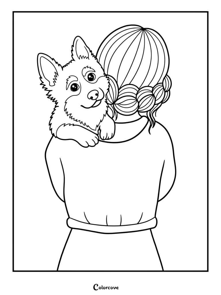 Una niña con cabello trenzado sosteniendo un lindo cachorro de Pastor Alemán sobre su hombro en este dibujo para colorear imprimible.