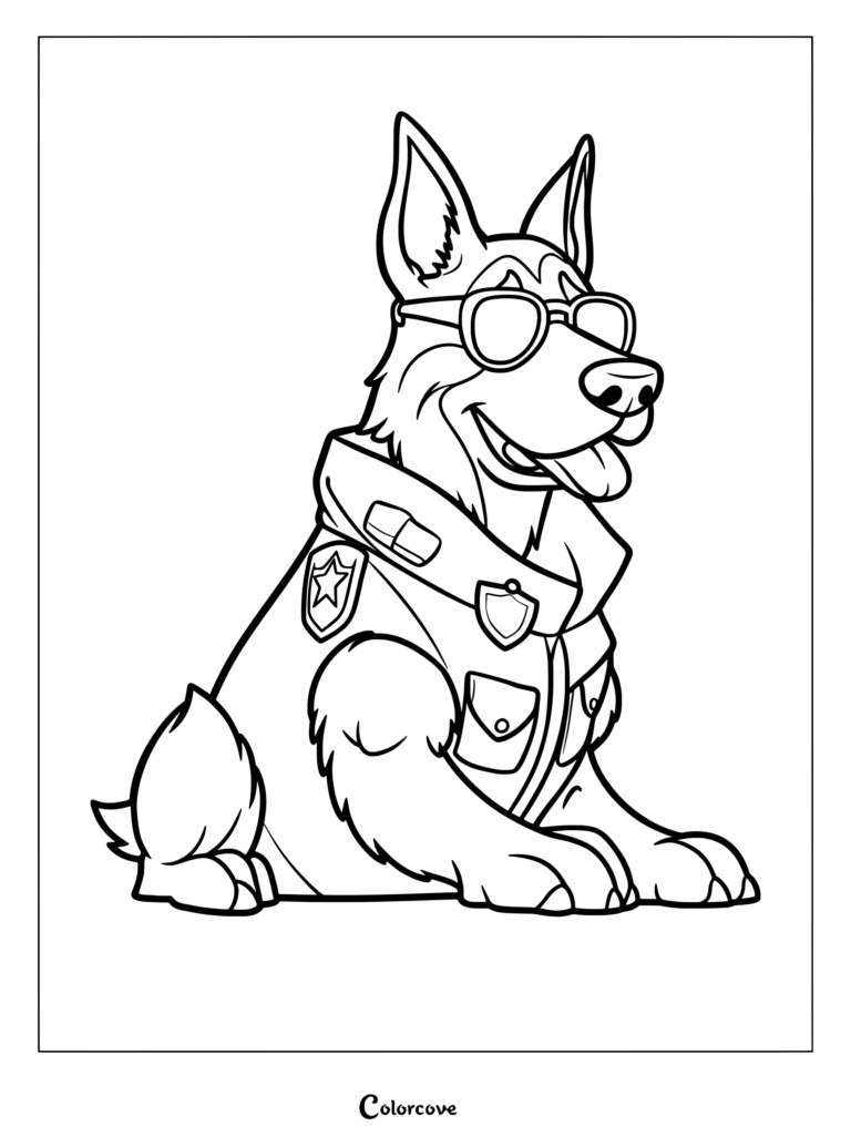 Un Pastor Alemán de dibujos animados que lleva un chaleco de Perro Policía y gafas de sol en un dibujo para colorear imprimible.