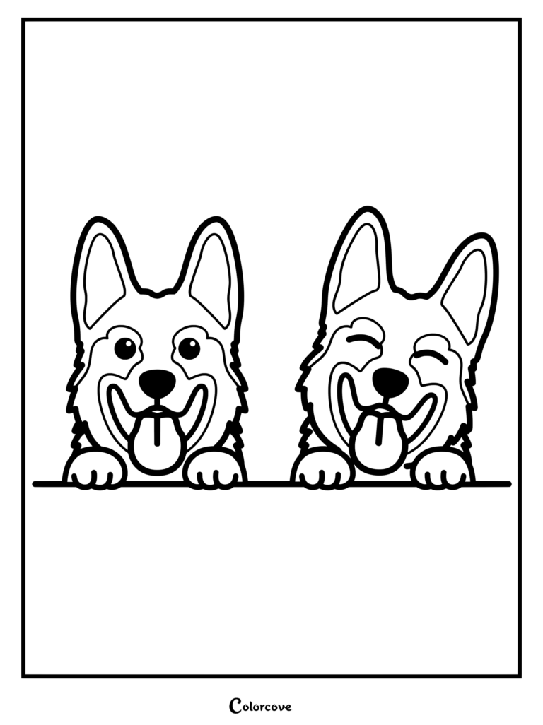 Dos lindos perros Pastor Alemán asomándose por un borde, uno con los ojos abiertos y otro guiñando un ojo, en un dibujo para colorear de arte lineal simple.