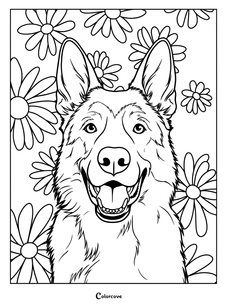 Un feliz retrato de Pastor Alemán rodeado de grandes flores de margarita en este dibujo para colorear imprimible.