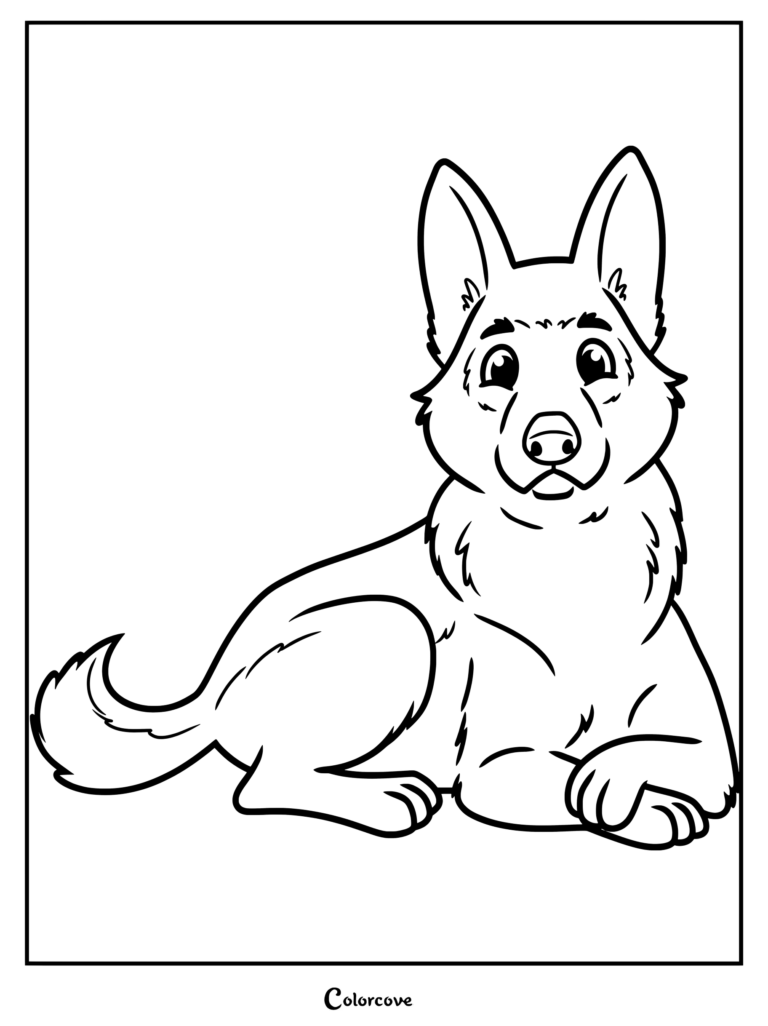 Un dibujo para colorear de arte lineal simple de un perro Pastor Alemán amigable tumbado con las orejas erguidas.