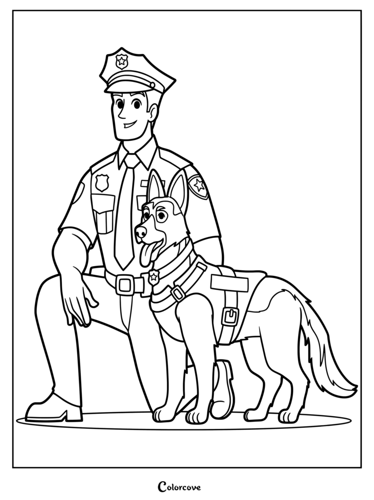 Un dibujo para colorear de arte lineal que presenta a un oficial de policía arrodillado junto a su leal compañero Pastor Alemán en uniforme.