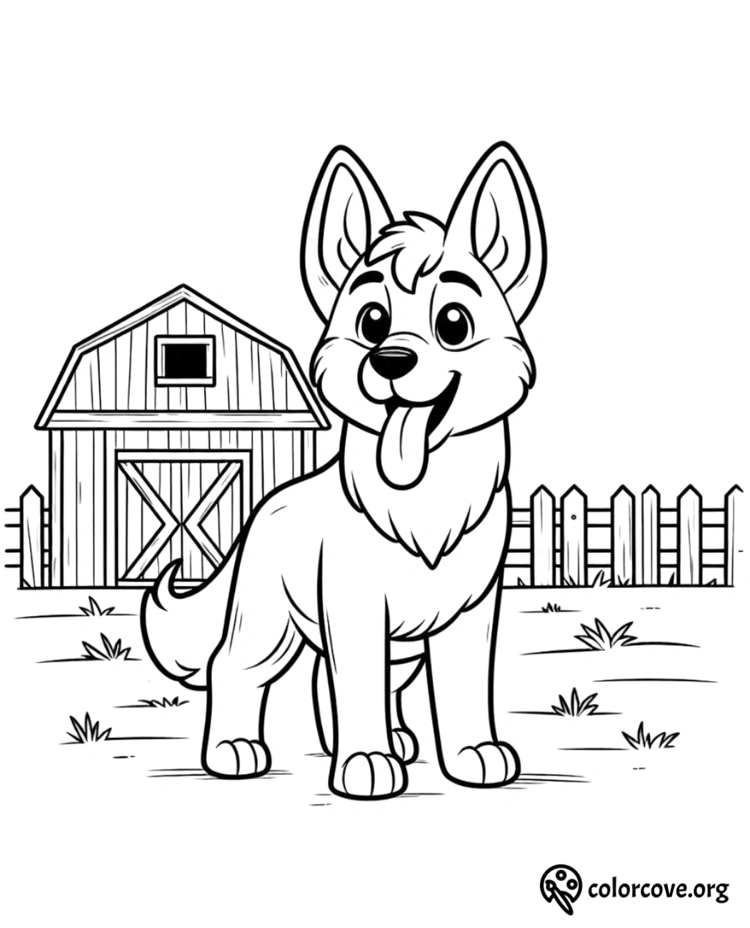 a cartoon dog standing in front of a barn