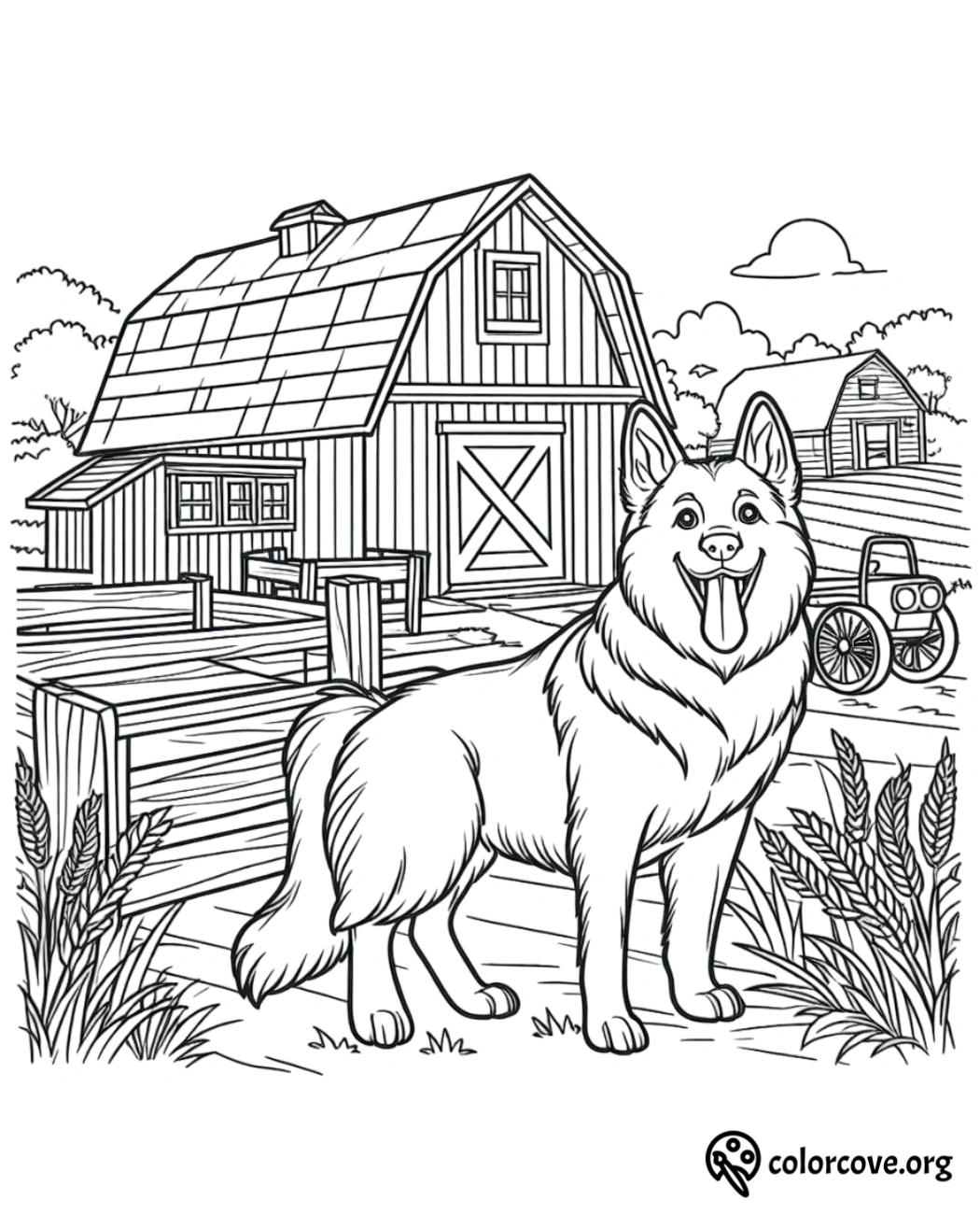 a dog standing in front of a barn