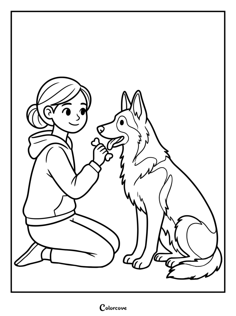 Una niña con sudadera con capucha arrodillada y dando un premio en forma de hueso a un Pastor Alemán sentado en este dibujo para colorear de arte lineal.