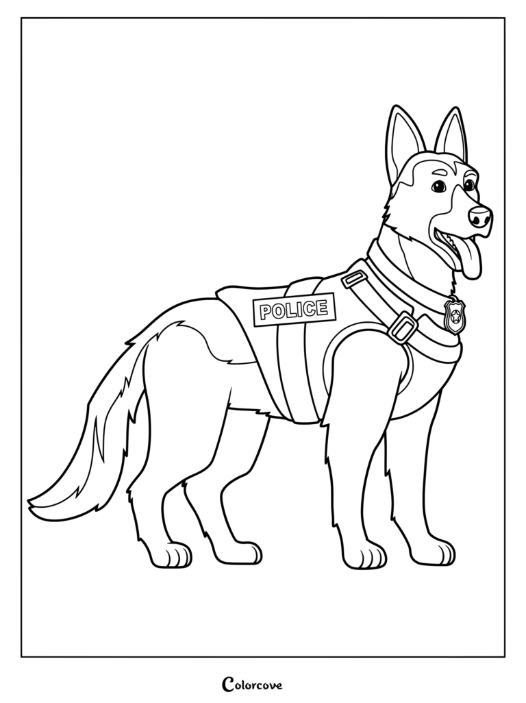 Un dibujo para colorear de arte lineal de un Pastor Alemán que lleva un chaleco de Perro Policía con una placa y texto de POLICÍA.