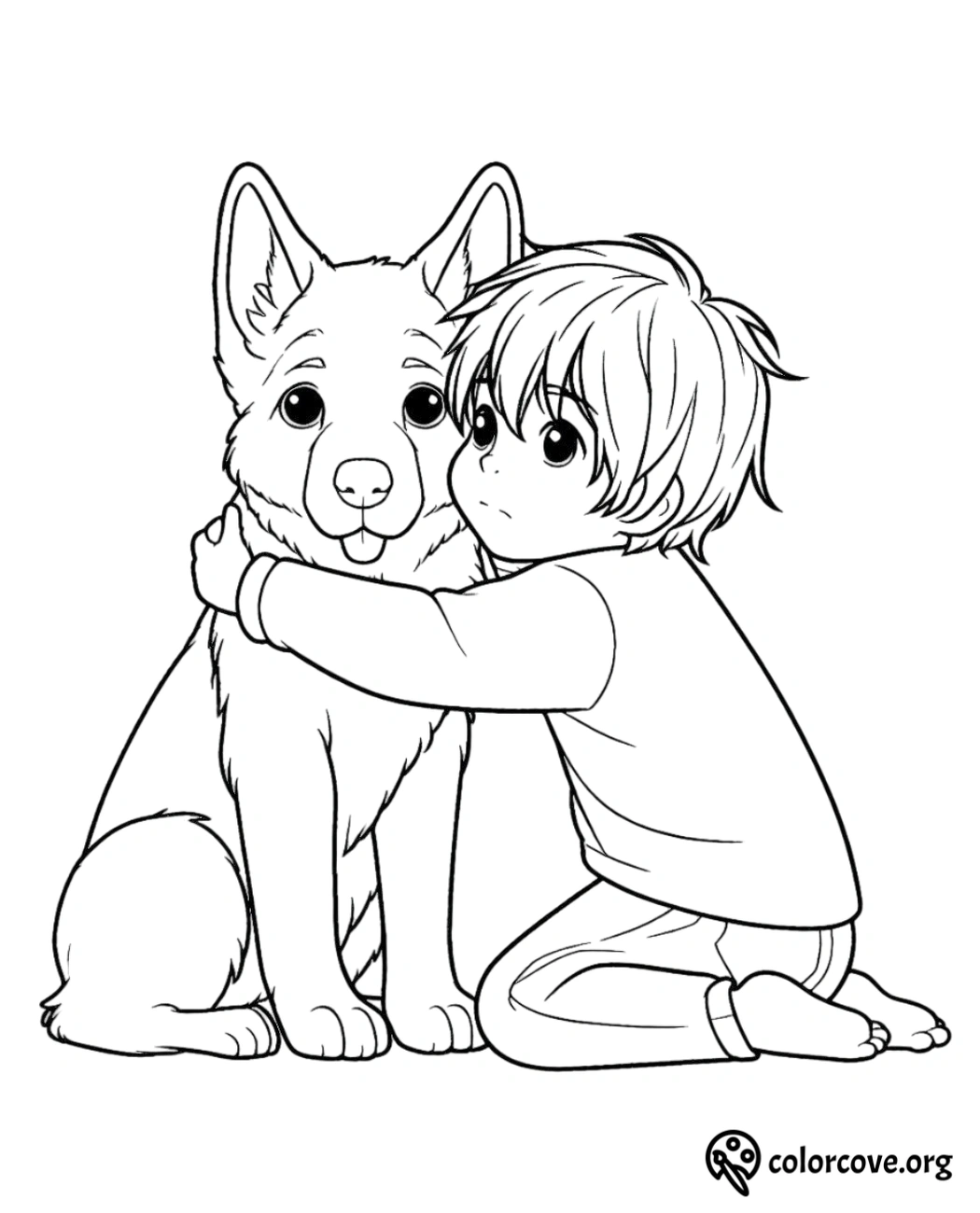 a child hugging a dog