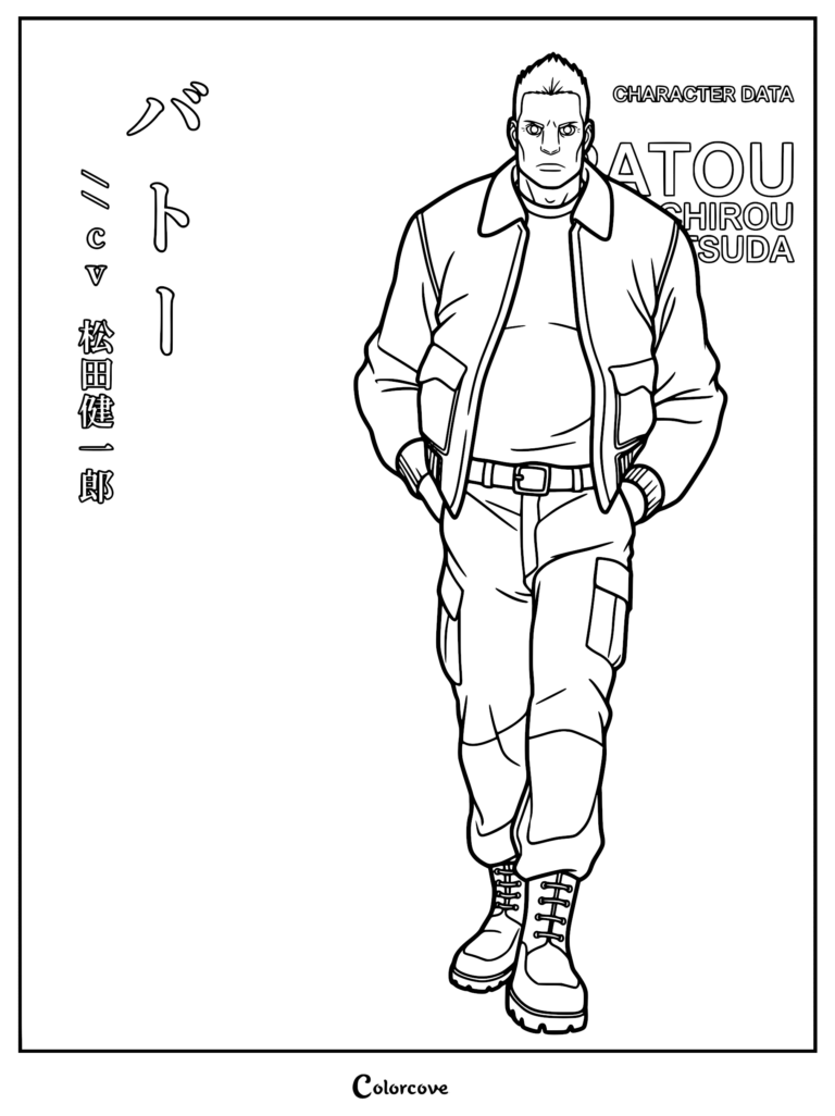 Una detallada página de arte lineal para colorear de Batou de Ghost in the Shell, con su característico cabello corto, chaqueta tipo bomber, pantalones cargo y botas de combate, con texto en japonés y datos del personaje al fondo.