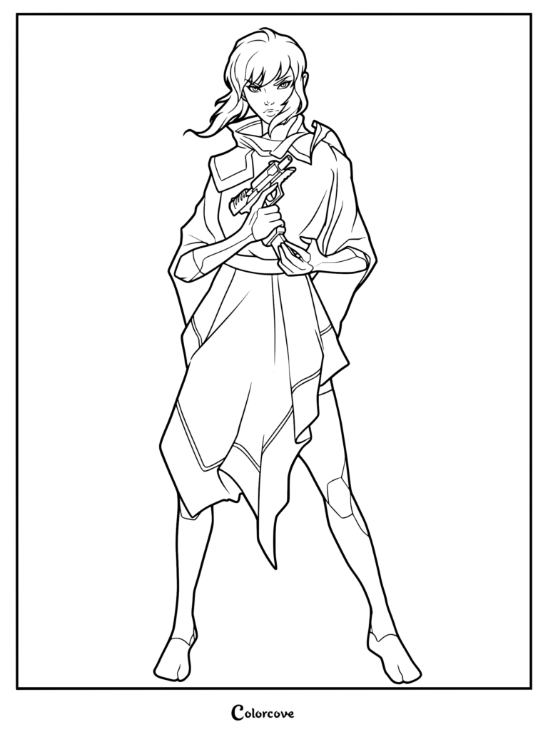 Una detallada página para colorear de Motoko Kusanagi de Ghost in the Shell en postura táctica, vistiendo un poncho, sosteniendo una pistola y con sus piernas cibernéticas claramente visibles.